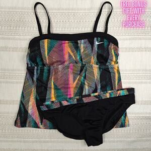Nike Tankini Set 2 Piece Swimsuit Size L Black Multicolor Swimwear NEW